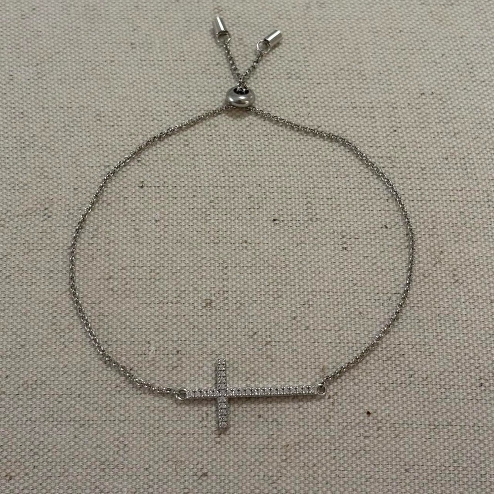 925 Sterling Silver Bedazzled CZ Cross Faux Diamond Adjustable Chain Bracelet